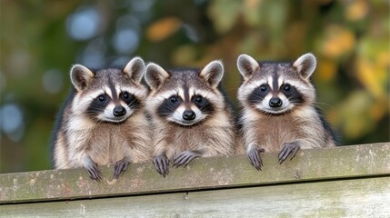 Fototapeta premium Three adorable raccoons peering over a wooden fence, showcasing their curious and playful nature in a natural autumnal setting.