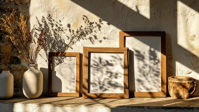 Rustic decor with wooden frames and shadows on a sunlit shelf in a cozy setting