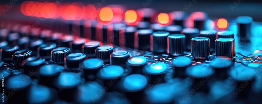 Poster noise abstract background concept. close-up view of a modern audio mixer with vibrant lights and kno