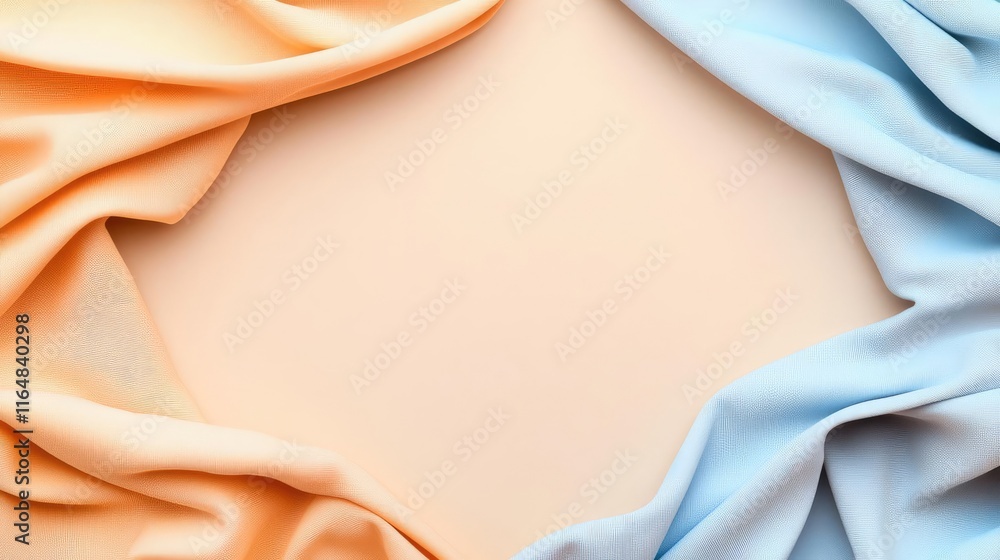 Poster torn abstract background idea. soft draped fabric in orange and blue framing a light beige backgroun