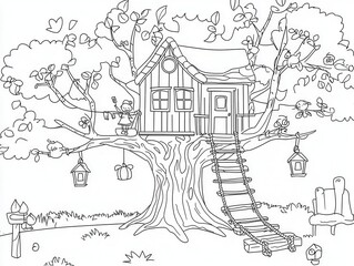 Obraz premium A whimsical treehouse village coloring book design with rope bridges, tiny lanterns hanging from branches, and children playing in the treetops. Add detailed bark textures on the trees and intricate 