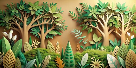 Obraz premium A Serene Papercraft Forest Scene Depicting Lush Greenery and Tranquil Trees, Featuring Intricate Leaf Details and a Soft, Earthy Color Palette, Ideal for Nature-Themed Designs and Projects
