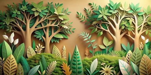 Wall murals A Serene Papercraft Forest Scene Depicting Lush Greenery and Tranquil Trees, Featuring Intricate Leaf Details and a Soft, Earthy Color Palette, Ideal for Nature-Themed Designs and Projects