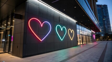 Glowing Neon Hearts Adorn Modern Building Exterior in Urban Setting at Twilight. Generative AI