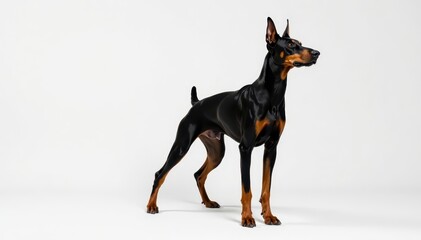 Sleek black & rust Doberman, majestic pose, white backdrop, strong, breed, black and tan