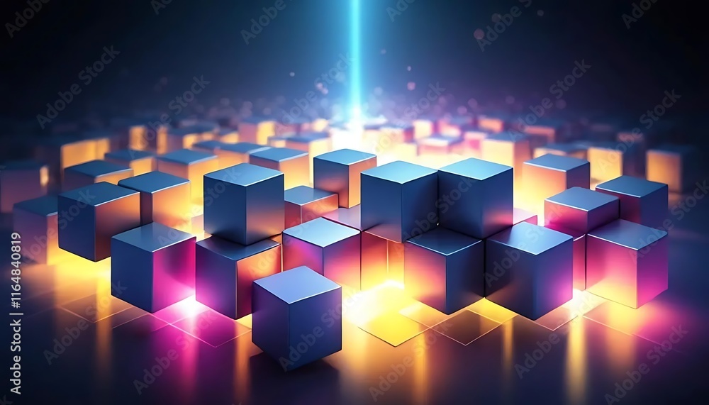 Poster Illuminated Metallic Cubes Form Abstract Digital Structure