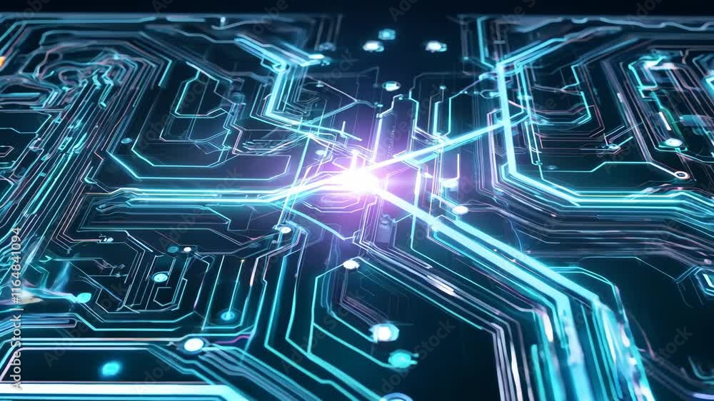 Wall mural abstract futuristic circuit board: glowing neon lines and nodes