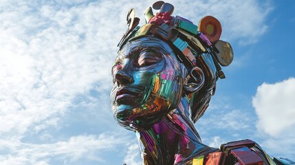 Colorful Recycled Material Sculpture Of A Woman