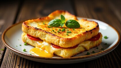 Crispy croque monsieur, oozing cheese, rustic plate, French style, food, crispy, appetizer