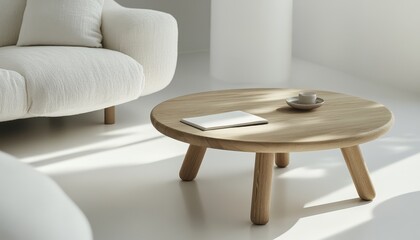 Modern Minimalist Living Room Interior Design with Round Wooden Coffee Table and Plush White Sofa