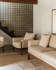 Modern Living Room with Stylish Beige Sofa and Upholstered Chairs Complemented by a Textured Wall and Welcoming Ambiance Ideal for Relaxation and Gathering