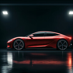 Red Luxury Electric Sedan in Minimalist Indoor Setting