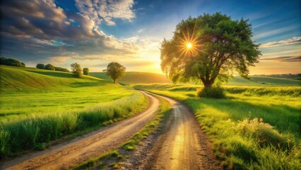Obraz premium Serene Sunset Landscape Winding Country Road Through Lush Green Fields and Under a Radiant Sun