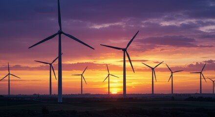 Obraz premium Majestic wind turbines at sunset in a scenic landscape