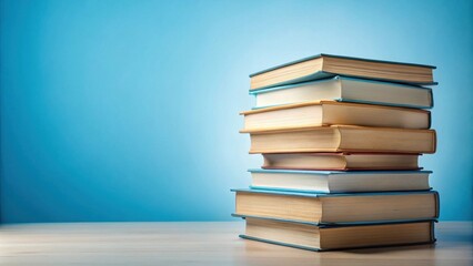 A neatly stacked pile of various books against a serene blue background on a wooden surface.