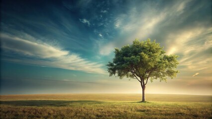 Obraz premium Serene Landscape Featuring a Single Tree in a Vast Meadow Under a Dramatic Sky