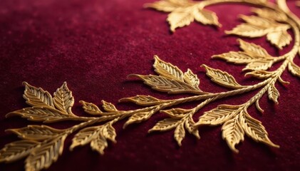 Close-up of exquisite embroidery, golden thread on velvet, needlework, velvet, workshop
