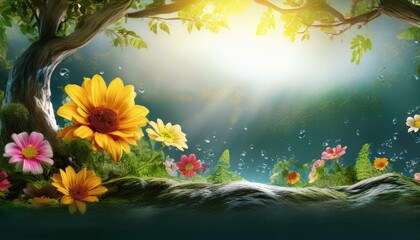 small cosmos,rose,sunflower on big tree , flower 3D and water drop and shill out style copy space for text in left