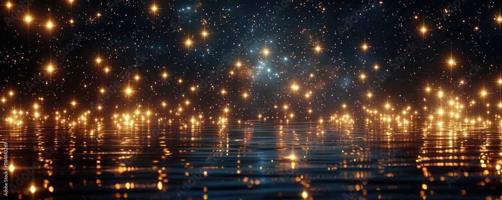 Poster starry abstract background idea. a stunning display of shimmering lights reflecting on a calm water 