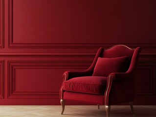 Red velvet armchair in a classic red room.