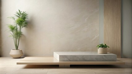 Minimalist interior scene with neutral tones and natural elements