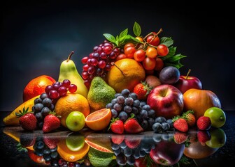 Glowing fruits, juicy and vibrant,  dominate a dark background, casting dramatic shadows in the night.