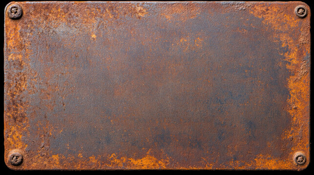 Old metal plate with rust patches and scratches, showcasing weathered texture. surface displays blend of dark and orange hues, evoking sense of
