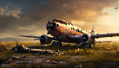 Abandoned Passenger Plane Crash in Post-Apocalyptic Landscape