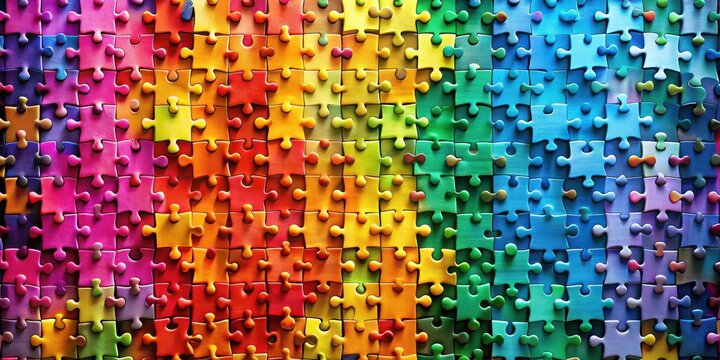 A vibrant spectrum of interconnected puzzle pieces creates a captivating visual of unity and complexity