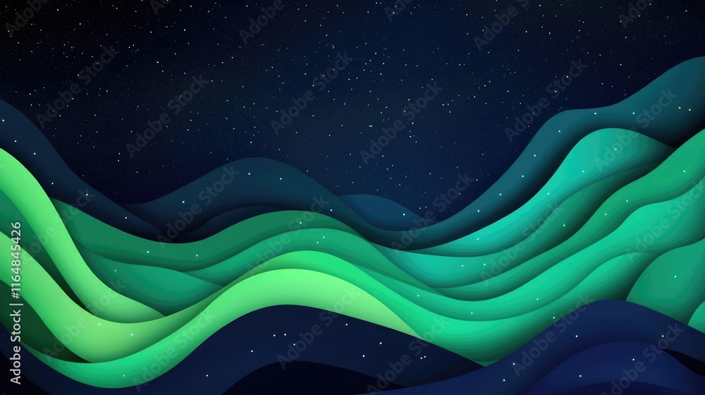 Poster starry abstract background idea. abstract flowing waves in green tones against a dark background, cr