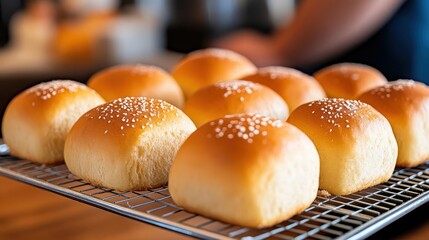 Freshly Baked Soft Dinner Rolls with Sesame Seeds on a Cooling Rack at a Bakery, Perfect for Family Meals and Special Occasions