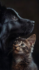 Obraz premium Black dog and tabby kitten sitting together, close-up animal portrait, friendship and companionship theme 