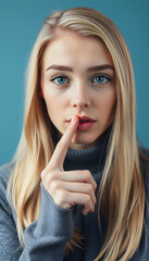 Naklejka premium Quietness concept. Portrait of groomed blonde girl looking at camera and holding her index finger on lips. Copy space in left side. Isolated on blue background, studio photography, with white tones