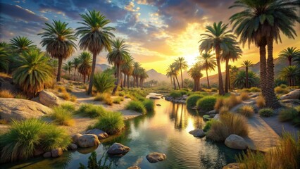 Obraz premium Serene Oasis at Sunset A Tranquil Stream Flows Through Lush Palm Grove, Bathed in Golden Light