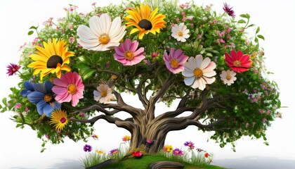 small cosmos,rose,sunflower , flower 3D ,on white background,space each image and border
