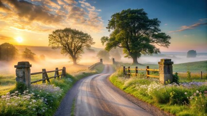 Serene Sunrise on a Misty Country Road, Framed by Stone Pillars and Wooden Fences, Leading Through Lush Green Fields and Wildflowers