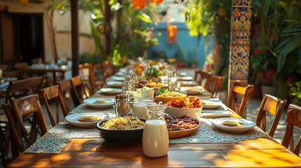 A vibrant, large iftar table with a variety of food dishes, milk, and dates arranged for a festive and joyful community gathering