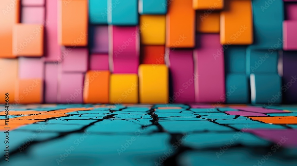 Poster graffiti abstract background idea. colorful textured wall with vibrant blocks and cracked floor patt