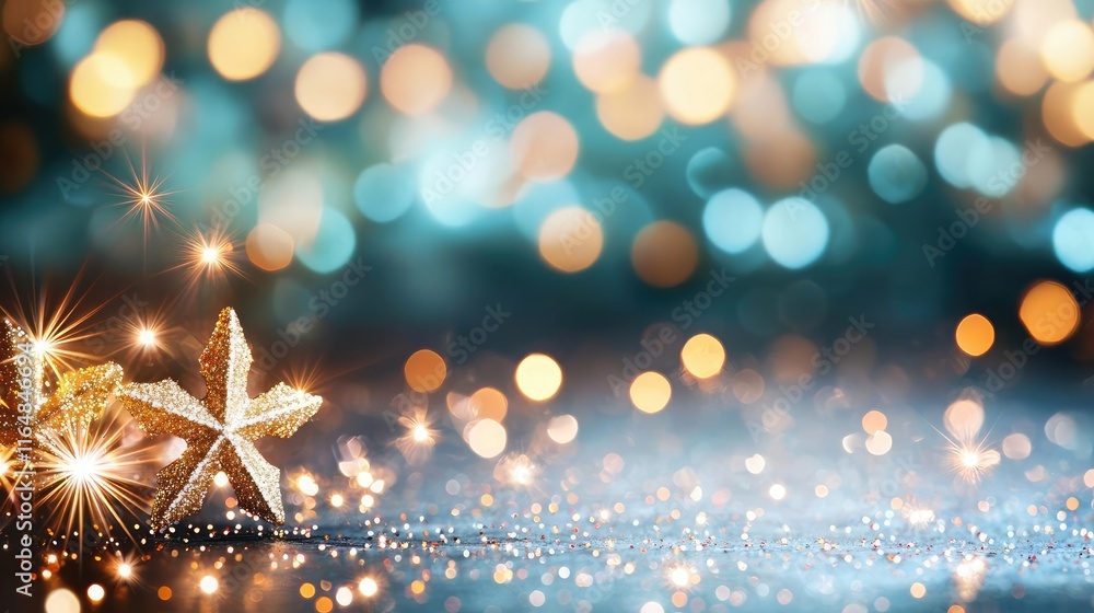 Poster sparkle abstract background concept. sparkling holiday decorations with a star on a shimmering bokeh