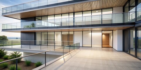 Fototapeta premium Modern Architectural Design Spacious Balcony with Glass Railings and Wood Accents