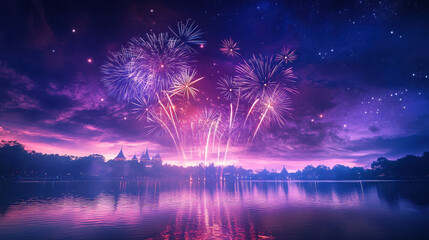 Beautiful fireworks over the lake, a purple sky with colorful clouds and reflections on the water's surface