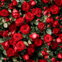 Obraz premium Lush red roses in full bloom with vibrant green leaves, romantic garden-inspired floral scene 