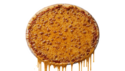 Cheesy pizza melting over edge kitchen food casual setting top view transparent background