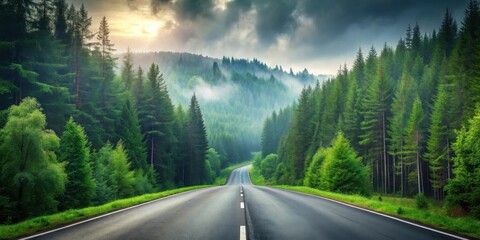 Asphalt road winding through a lush evergreen forest at sunrise with fog in the distance