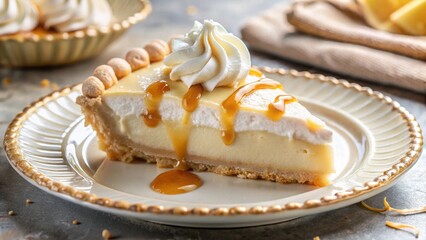 A delectable slice of creamy custard pie, adorned with a fluffy meringue topping and a drizzle of rich caramel sauce, served on an elegant plate