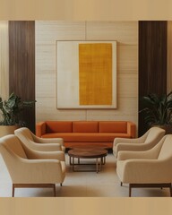 Modern Lounge Design: A Stylish Interior with Elegant Furniture and Bold Artwork for a Warm and Inviting Ambiance in a Cozy Space Perfect for Relaxation