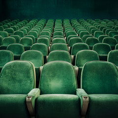 Empty rows of luxurious green velvet theater seats, classic cinema interior, symmetrical arrangement
