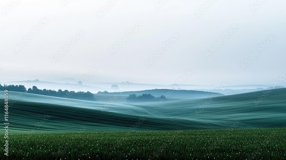 Poster droplets abstract background concept. serene misty hills create a tranquil landscape under a soft, c