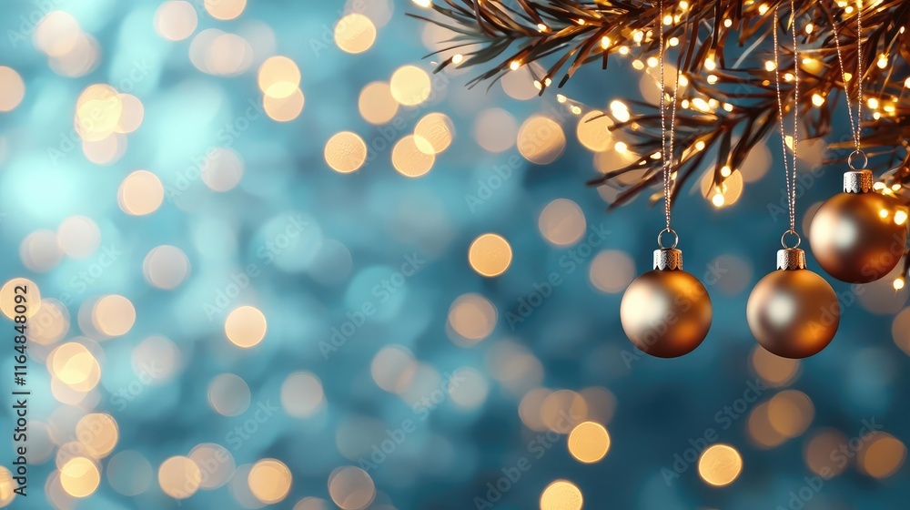 Poster droplets abstract background concept. glowing christmas ornaments hanging on a tree with soft bokeh 