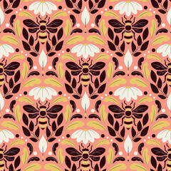 Pattern of bees with leafs on a pink background on soft colors, nature vector background